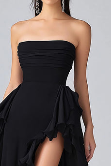 Black Strapless Tiered Long Chiffon Formal Dress with Slit