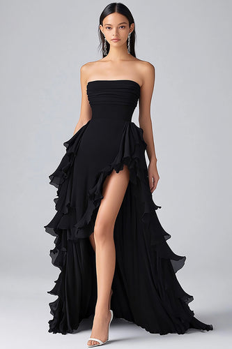 Black Strapless Tiered Long Chiffon Formal Dress with Slit