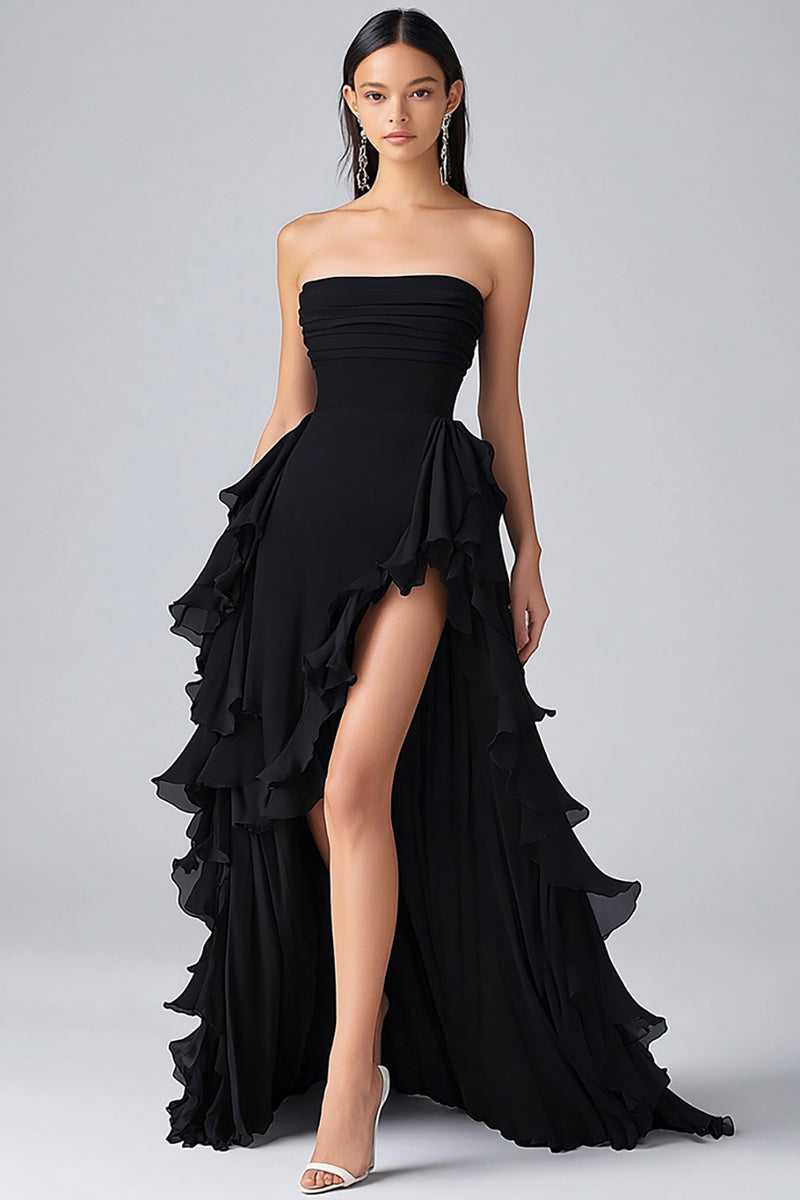 Load image into Gallery viewer, Black Strapless Tiered Long Chiffon Formal Dress with Slit