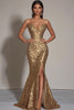 Load image into Gallery viewer, Sparkly Strapless Gold Mermaid Long Sequins Formal Dress with Slit