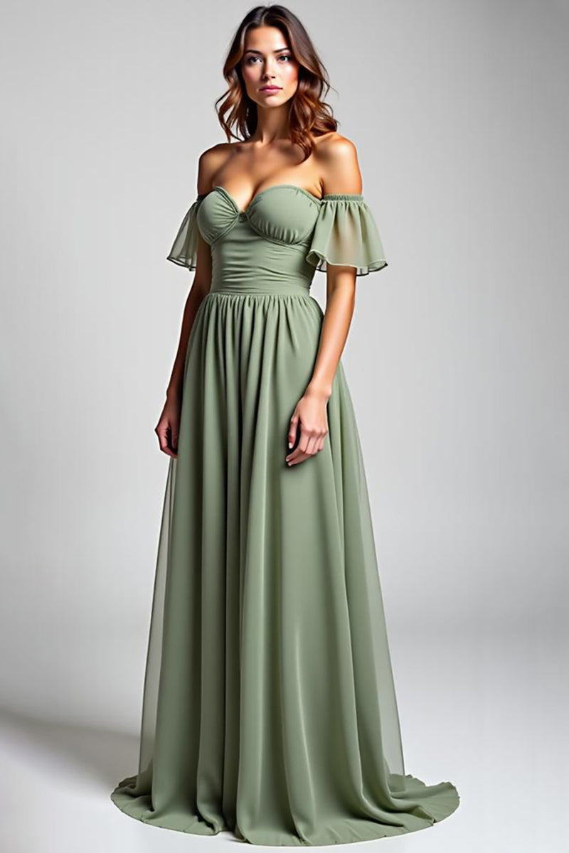 Load image into Gallery viewer, Dusty Sage Off the Shoulder Long Chiffon Formal Dress