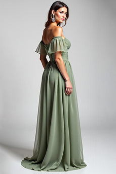 Dusty Sage Off the Shoulder Long Chiffon Formal Dress