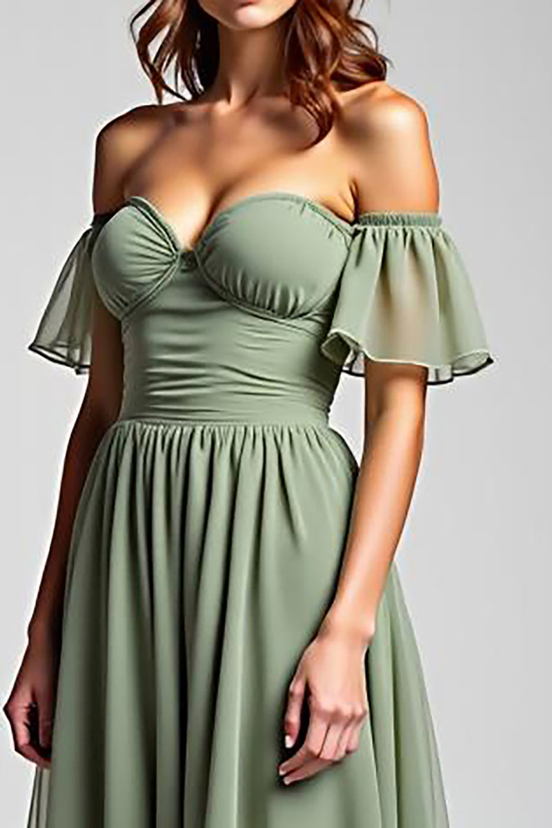 Load image into Gallery viewer, Dusty Sage Off the Shoulder Long Chiffon Formal Dress