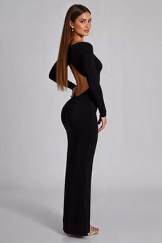 Black Long Sleeves Cut Out Jersey Formal Dress with Slit