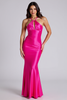 Load image into Gallery viewer, Halter Fuchsia Mermaid Satin Long Formal Dress