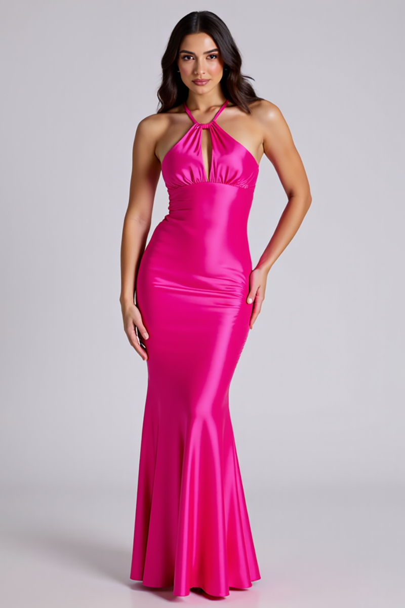 Load image into Gallery viewer, Halter Fuchsia Mermaid Satin Long Formal Dress