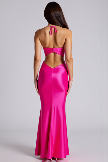 Halter Fuchsia Mermaid Satin Long Formal Dress