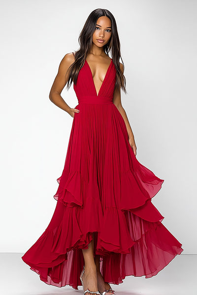 A Line Red Deep V-Neck Chiffon Long Formal Dress