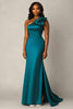 Load image into Gallery viewer, Peacock One Shoulder Satin Long Formal Dress with Bowknot