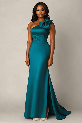 Peacock One Shoulder Satin Long Formal Dress with Bowknot