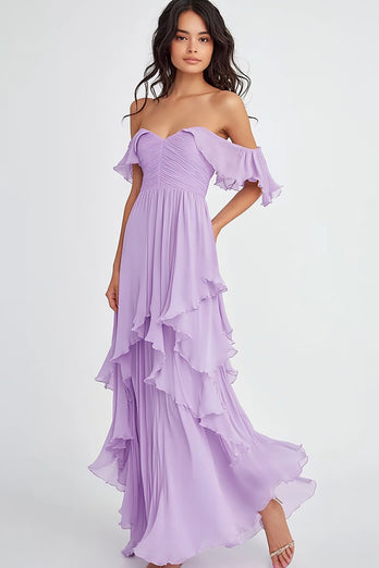 Lilac Off the Shoulder Ruffled Long Formal Dress