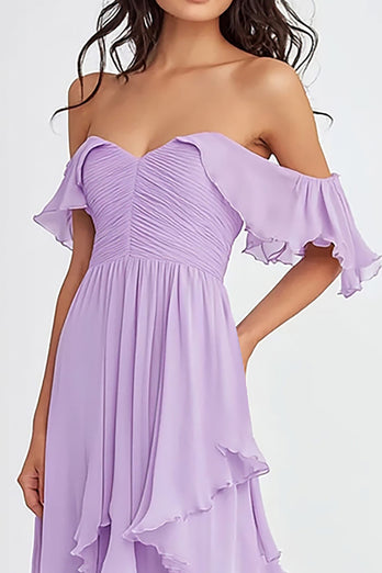 Lilac Off the Shoulder Ruffled Long Formal Dress