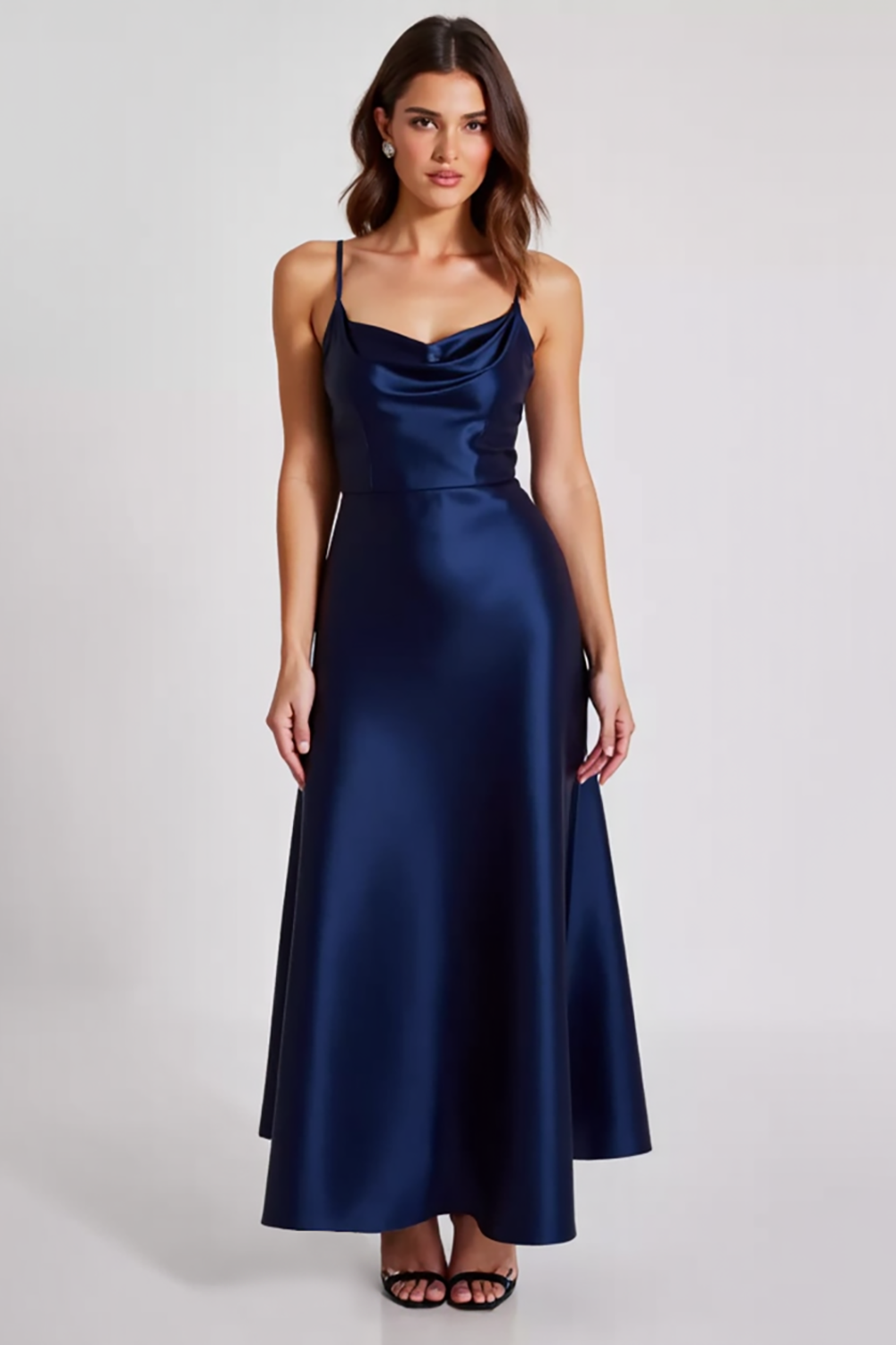 Navy Satin Spaghetti Straps Sheath Long Formal Dress