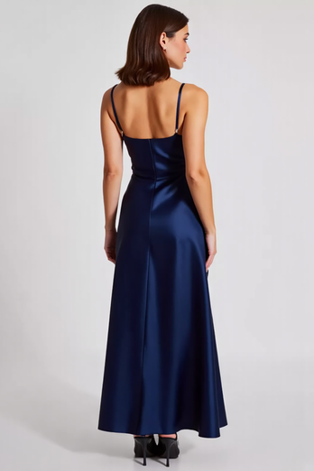 Navy Satin Spaghetti Straps Sheath Long Formal Dress