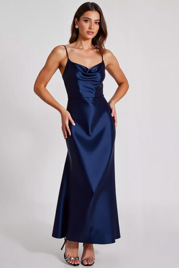 Navy Satin Spaghetti Straps Sheath Long Formal Dress