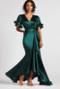 Load image into Gallery viewer, Dark Green Mermaid Long Satin Formal Dress with Short Sleeves