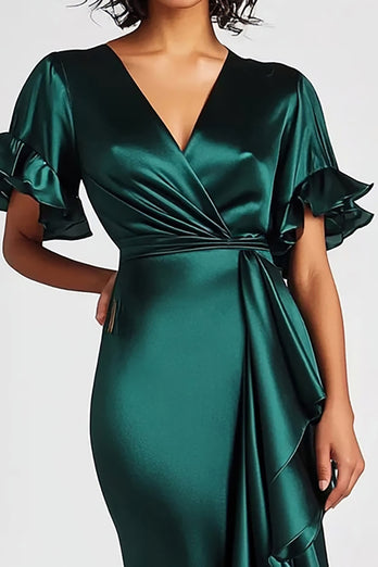 Dark Green Mermaid Long Satin Formal Dress with Short Sleeves