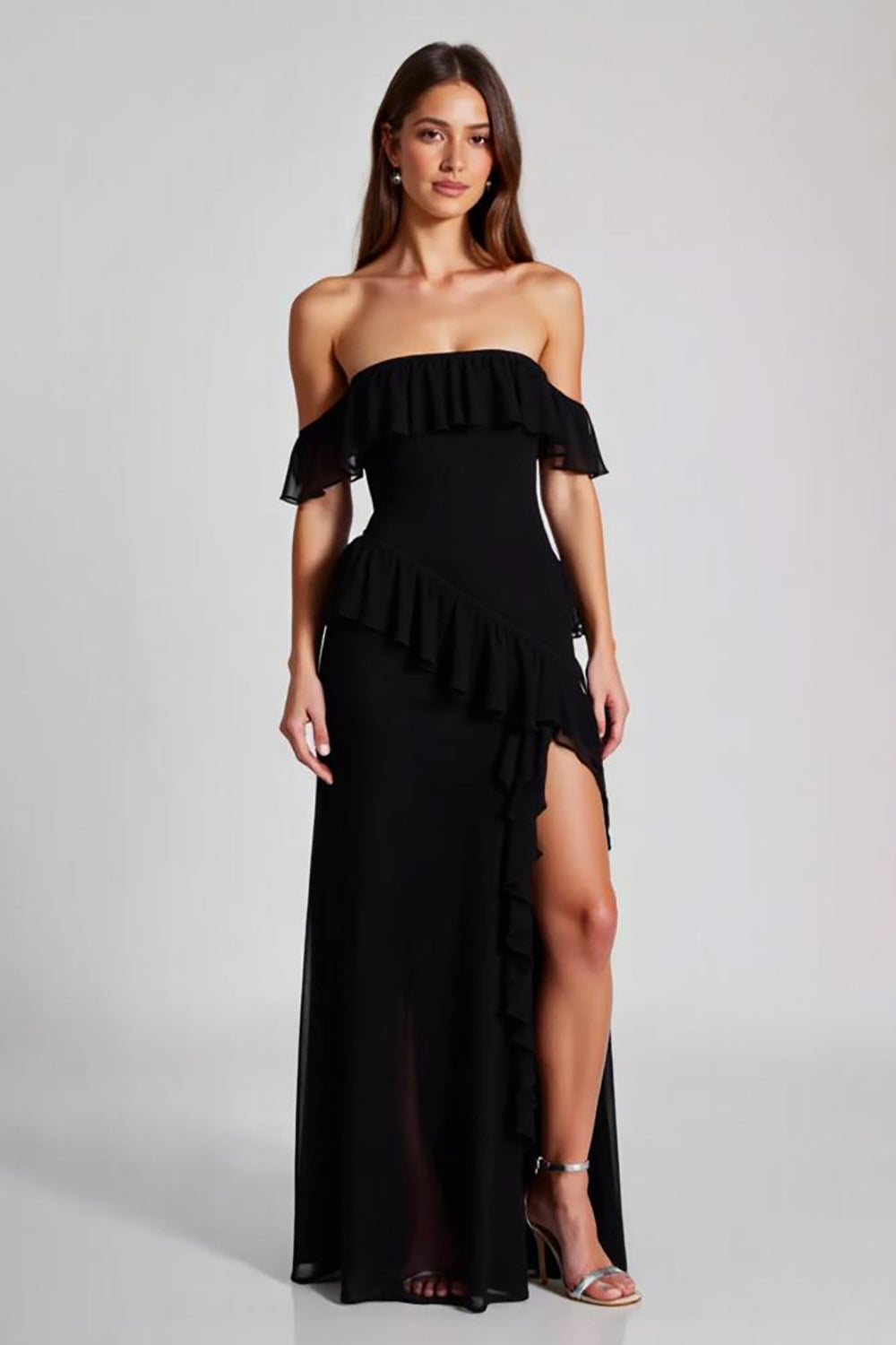 Black Off the Shoulder Chiffon Formal Dress with Slit