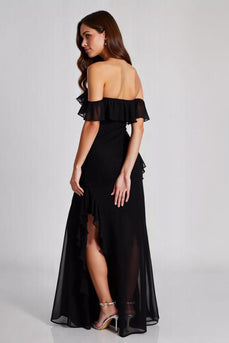 Black Off the Shoulder Chiffon Formal Dress with Slit