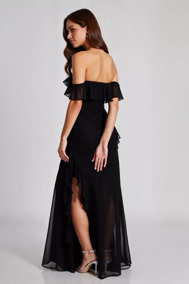 Load image into Gallery viewer, Black Off the Shoulder Chiffon Formal Dress with Slit