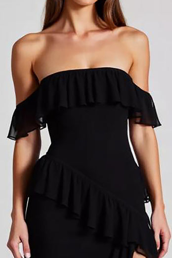 Black Off the Shoulder Chiffon Formal Dress with Slit