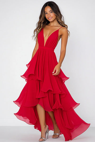 Red V-Neck Pleated Long Chiffon Formal Dress