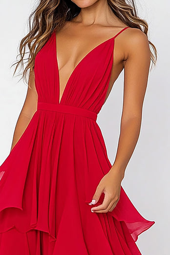 Red V-Neck Pleated Long Chiffon Formal Dress