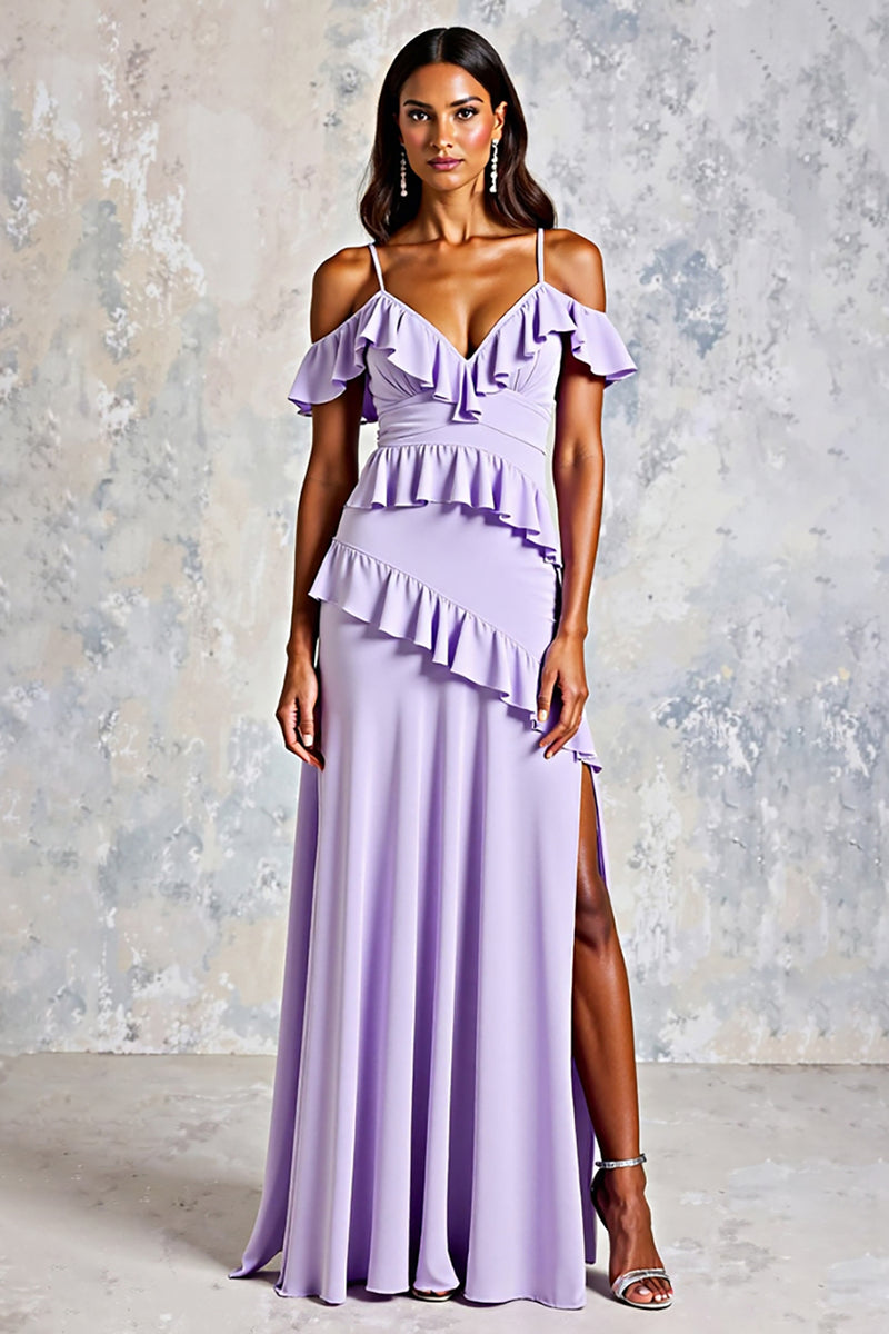 Load image into Gallery viewer, Lilac Ruffled Cold Shoulder Long Chiffon Formal Dress