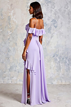 Lilac Ruffled Cold Shoulder Long Chiffon Formal Dress