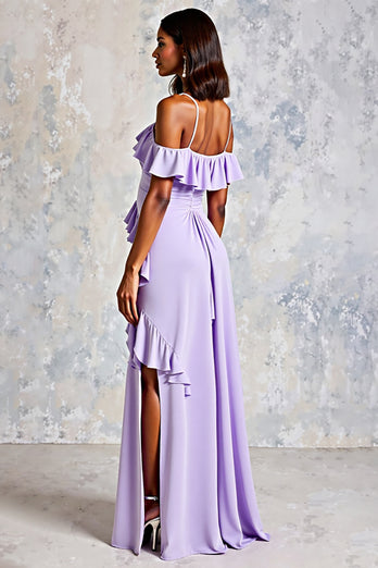 Lilac Ruffled Cold Shoulder Long Chiffon Formal Dress