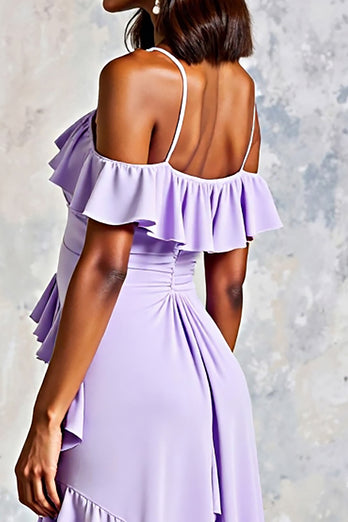 Lilac Ruffled Cold Shoulder Long Chiffon Formal Dress