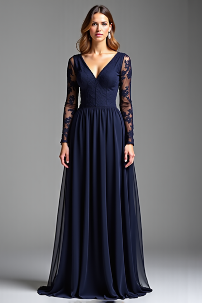 Navy Chiffon Long Sleeves V-Neck Long Formal Dress