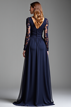 Navy Chiffon Long Sleeves V-Neck Long Formal Dress