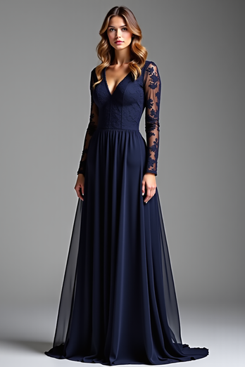 Navy Chiffon Long Sleeves V-Neck Long Formal Dress