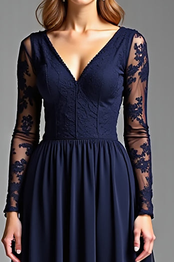 Navy Chiffon Long Sleeves V-Neck Long Formal Dress