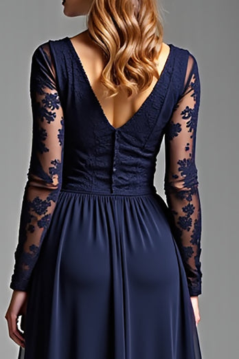 Navy Chiffon Long Sleeves V-Neck Long Formal Dress