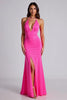 Load image into Gallery viewer, Fuchsia Mermaid V-Neck Satin Long Formal Dress with Slit