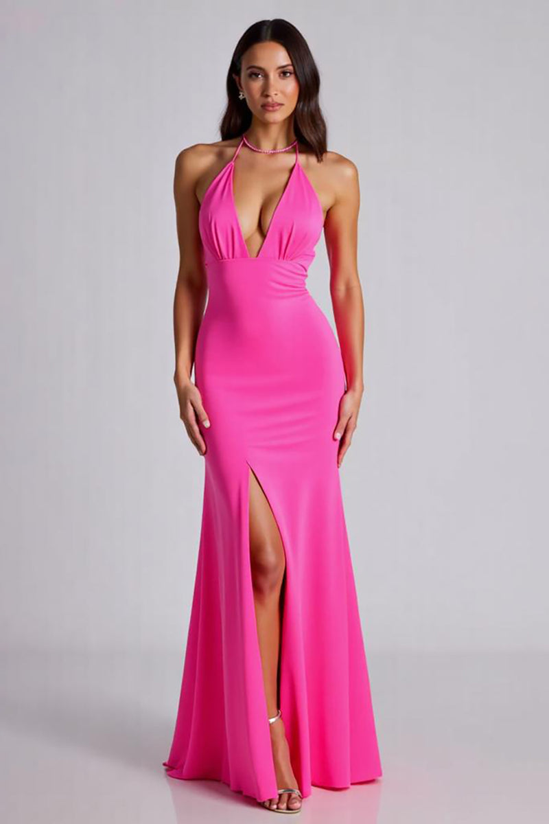 Load image into Gallery viewer, Fuchsia Mermaid V-Neck Satin Long Formal Dress with Slit