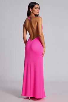 Fuchsia Mermaid V-Neck Satin Long Formal Dress with Slit