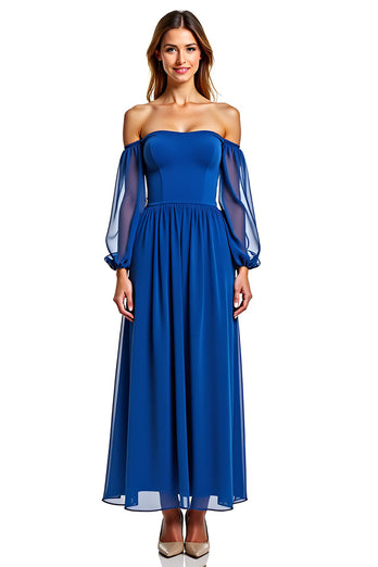 Royal Blue A Line Chiffon Long Sleeves Long Formal Dress