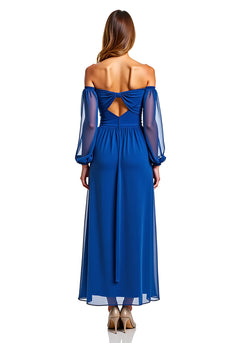 Royal Blue A Line Chiffon Long Sleeves Long Formal Dress