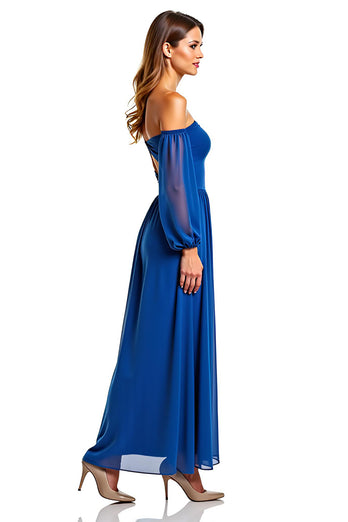 Royal Blue A Line Chiffon Long Sleeves Long Formal Dress