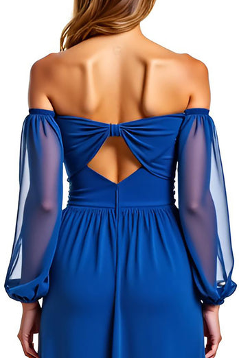 Royal Blue A Line Chiffon Long Sleeves Long Formal Dress