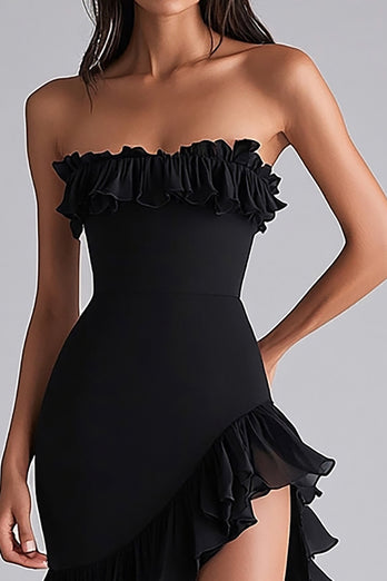 Strapless Black Tiered Long Chiffon Formal Dress with Slit