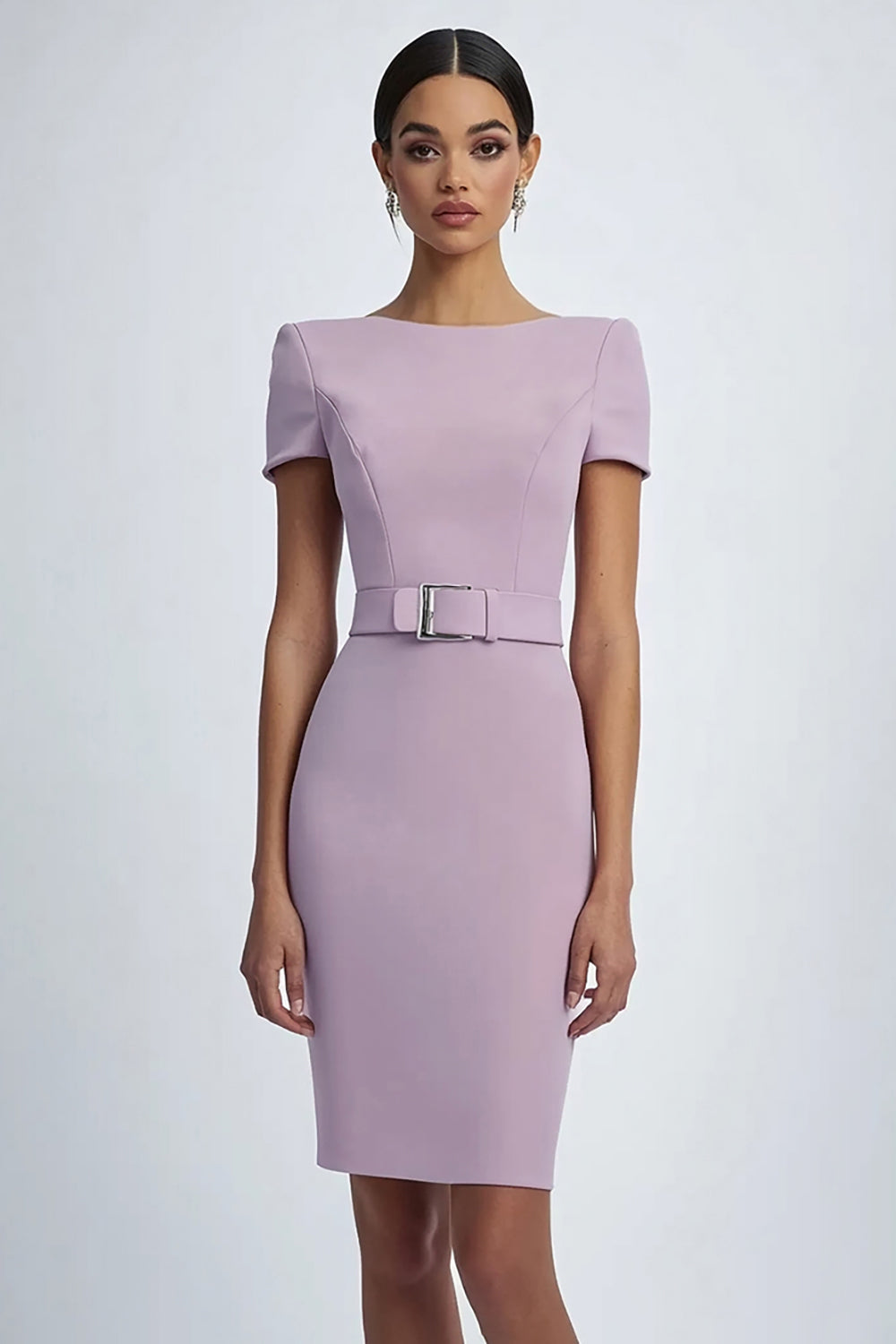 Lilac Simple Sheath Knee Length Crepe Formal Dress