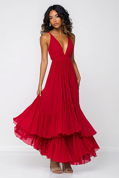 Red Deep V-Neck Pleated Tiered Long Chiffon Formal Dress