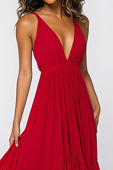 Red Deep V-Neck Pleated Tiered Long Chiffon Formal Dress