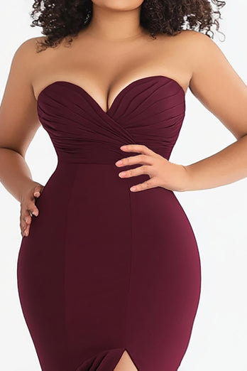 Burgundy Plus Size Satin Mermaid Sweetheart Formal Dress with Slit