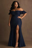 Load image into Gallery viewer, Navy Plus Size Satin Off the Shoulder Formal Dress with Ruffles