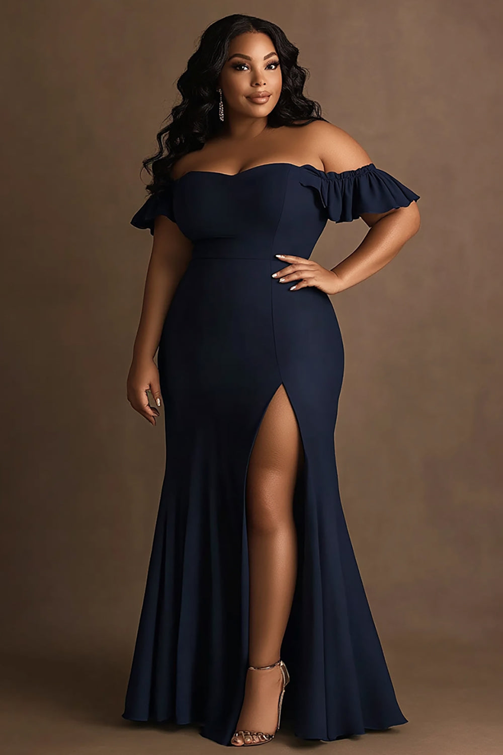 Navy Plus Size Satin Off the Shoulder Formal Dress with Ruffles